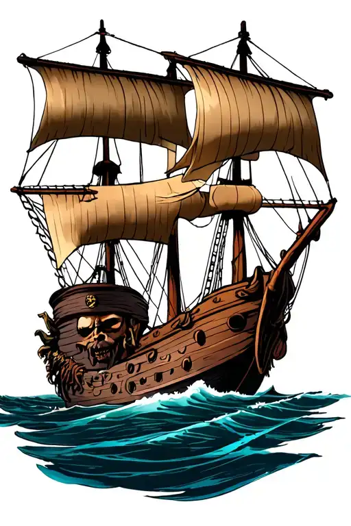 Pirate Ship Seen From The Front With The Face Of Davy Jones Under The Boat