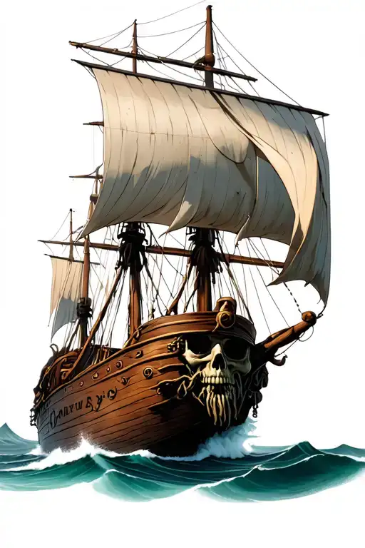Pirate Ship Seen From The Front With The Face Of Davy Jones Under The Boat