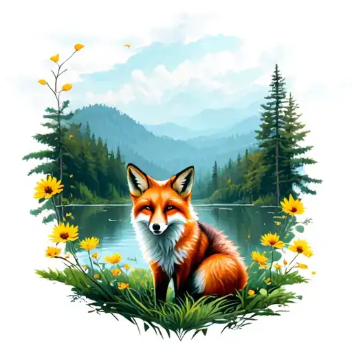 Natural Summer Scenery With Full Body Fox