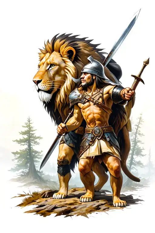 Woods Surrounding Lion And Spartan Holding Sword And Spear