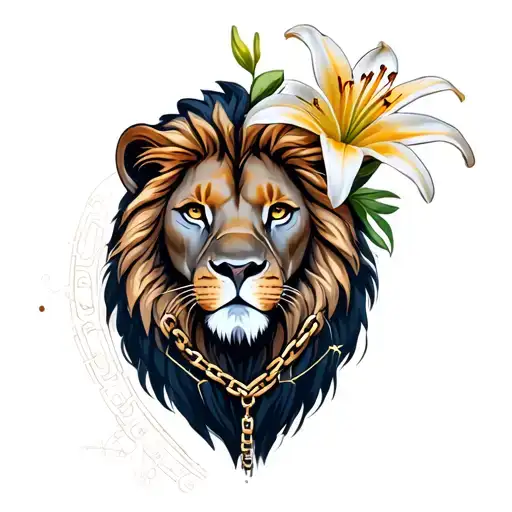 Leo Lion Constellation Head With Lily Flower In Mane And Chain Necklace