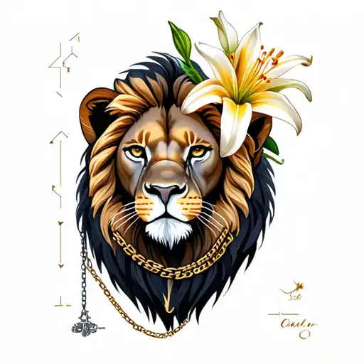 Leo Lion Constellation Head With Lily Flower In Mane And Chain Necklace