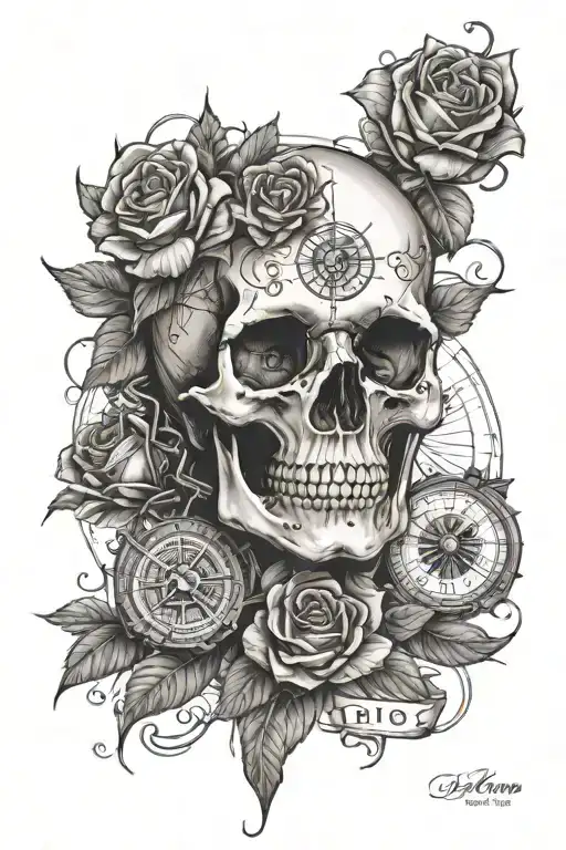 Skull With Rose And Compass Surrounded