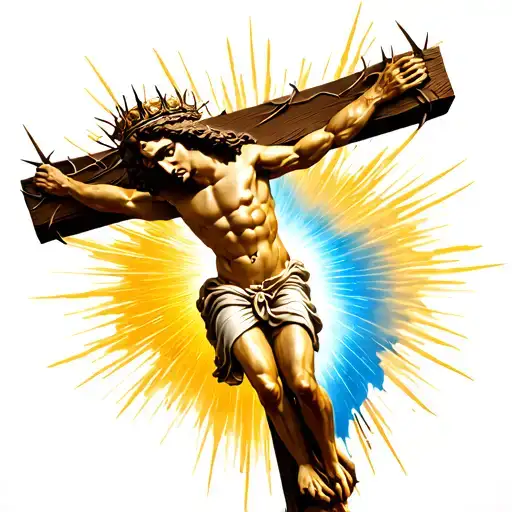 Jesus On Cross With Thorn Crown And Light Shining Get Blue Shining Yellow And Brown In There