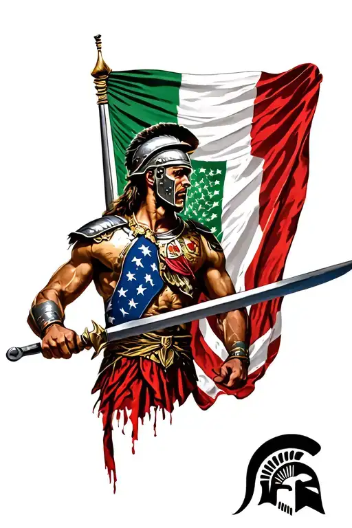 Italian And American Flag With Spartan Warrior