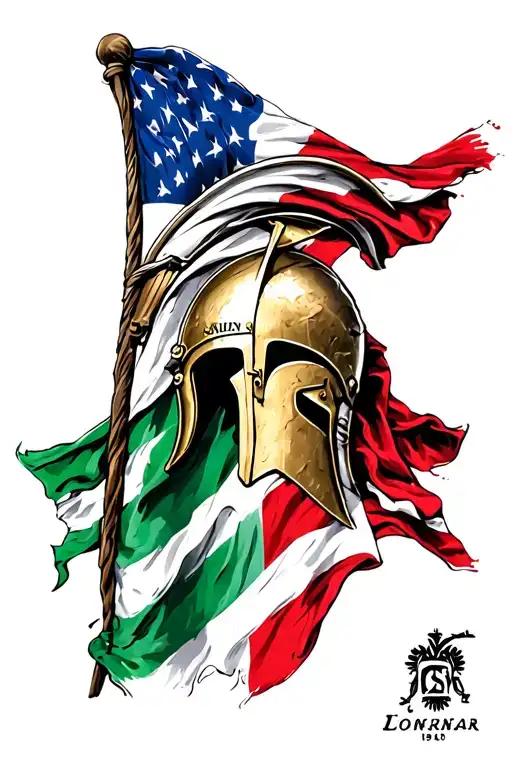 Italian And American Flag Intertwined With Spartan Helmet