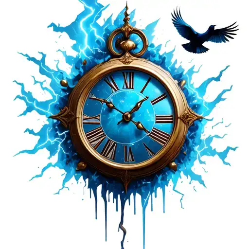 Clock Melting With Lightning And Birds Flying
