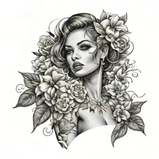 Abstract Interpretation Of A Full Body Portrait Of A Sexy Modern Pin Up Surrounded By Flowers