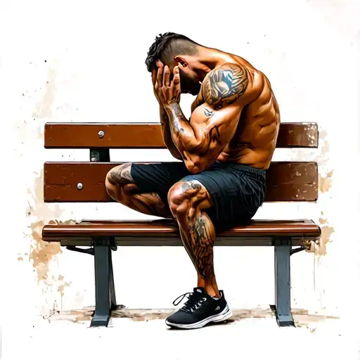 Side View Of A Muscular Man Sittin On A Bench With Head In Hands