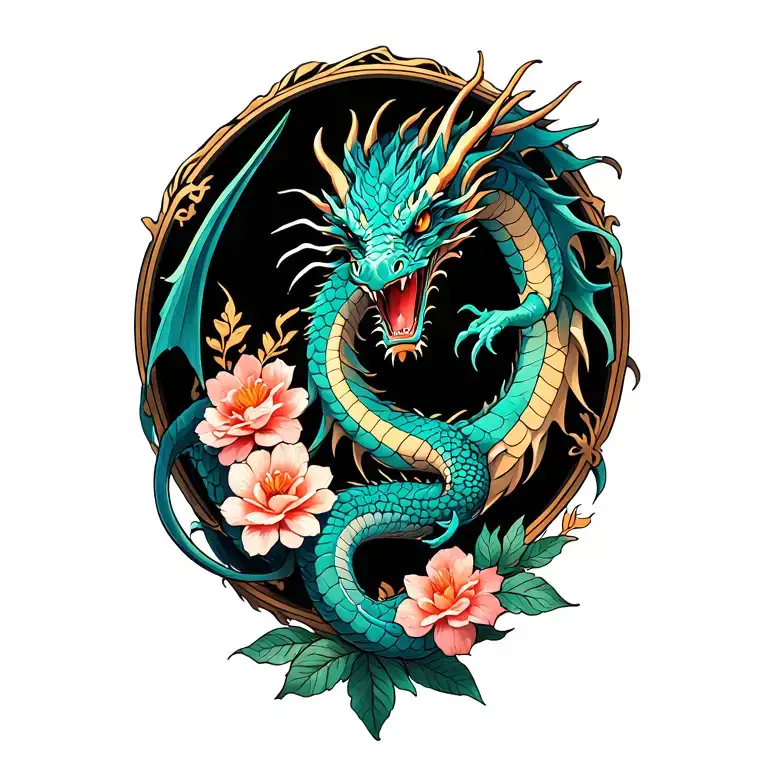 Dragon And Flowers Intertwined