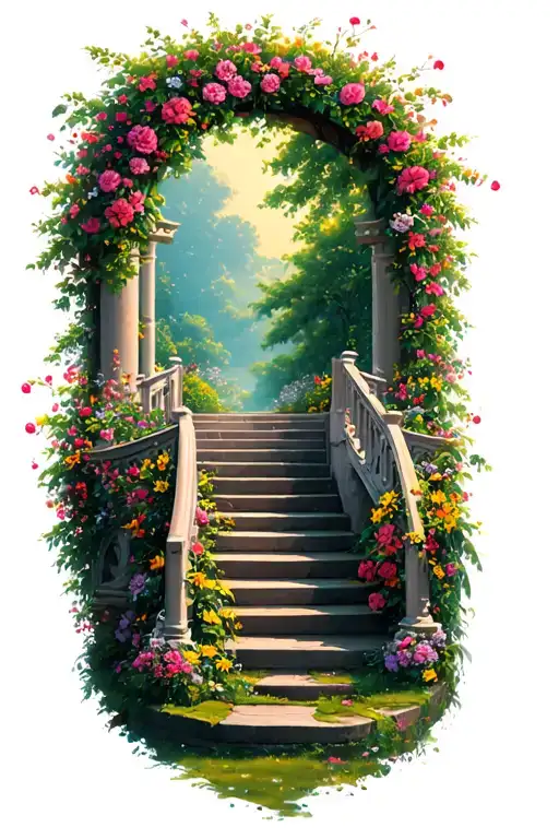 A Garden With Lots Of Flowers And A Bridge That Leads Into A Floral Doorway To The Stairs Of Heaven