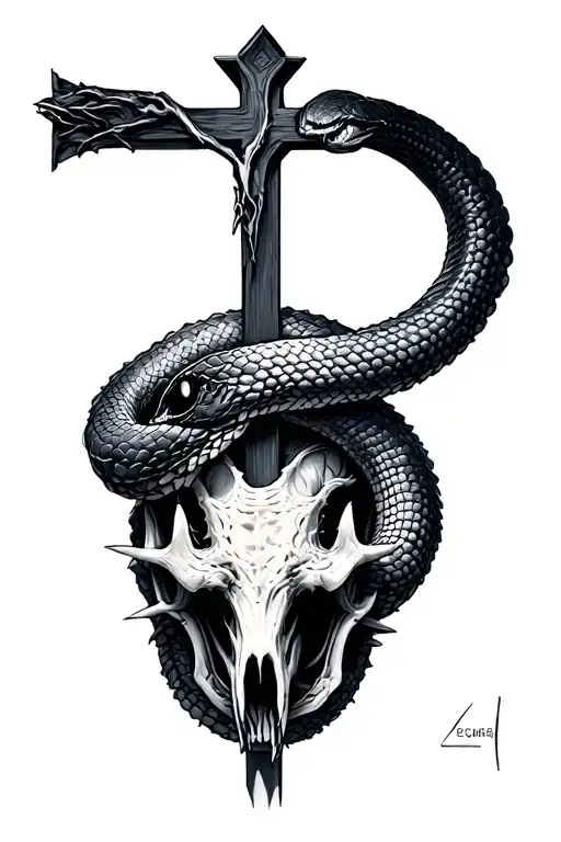 Cross Made Of Nails Impaling Serpent's Head Wrapped Round