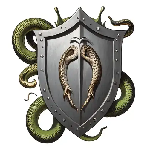 Medieival Shield With Protection Symbol And A Snake Coiled Around The Shield