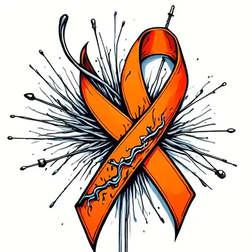 Orange Cancer Ribbon String Interwoven With Scar And Needle With Thread