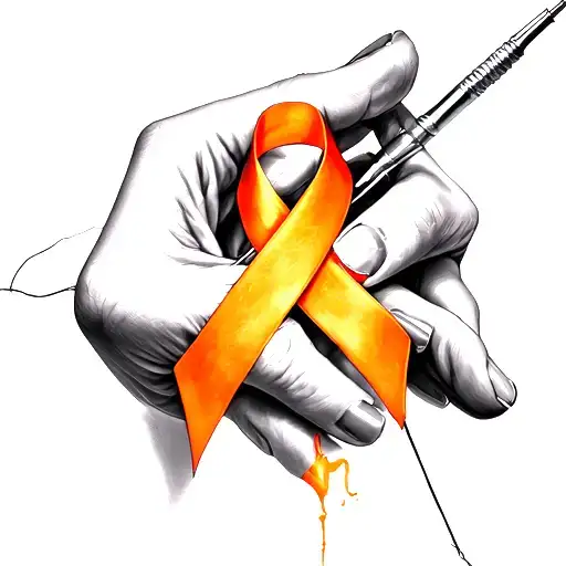 Orange Cancer Ribbon Being Destringed To Mend A Scar With Needle And Thread At The End