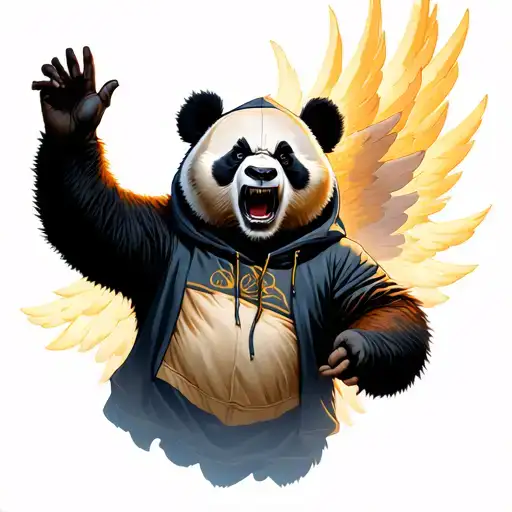 Angry Panda Wearing A Hoodie Ascending Into Heaven