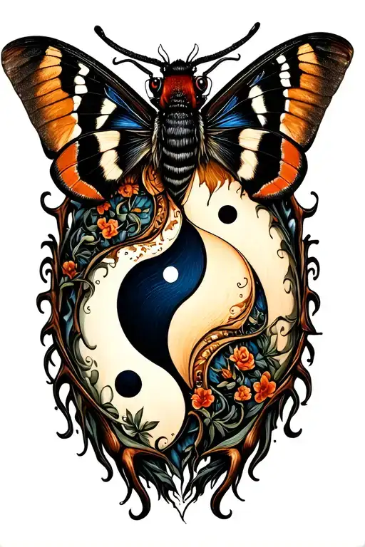 Moth Tatto With A Yin And Yang Symbol Intertwined