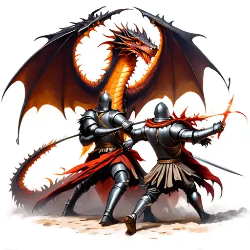 Two Knights Fighting Each Other With A Demonic Dragon In The Background