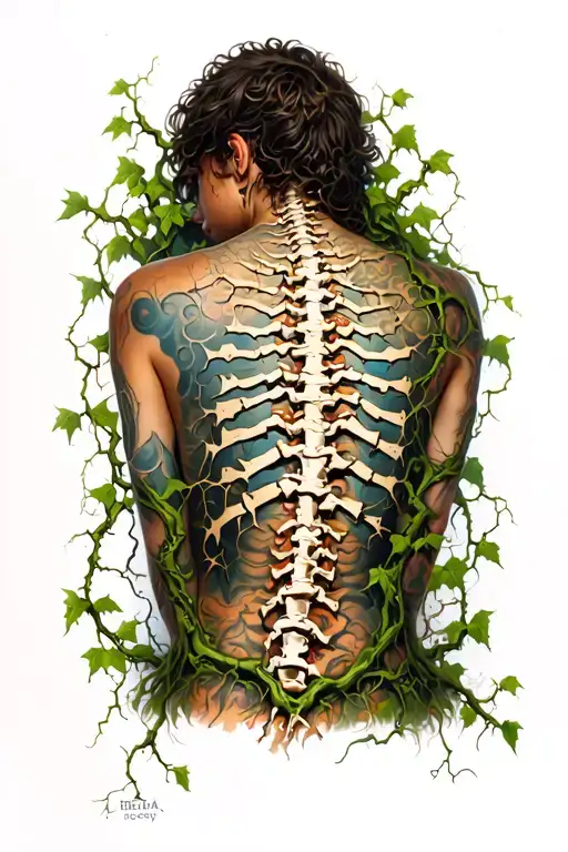 Cracking But Very Realistic Spine From A Straight On Back View With Vines Growing Around It