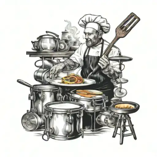 A Realistic Portrait Tattoo Of A Chef Cooking While Surrounded By Musical Instruments