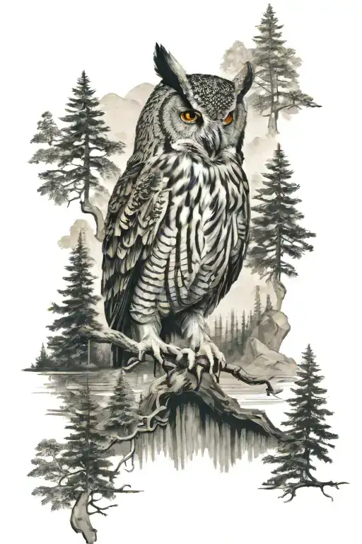 Tall Forest Wilderness With Mountain And River With Owl