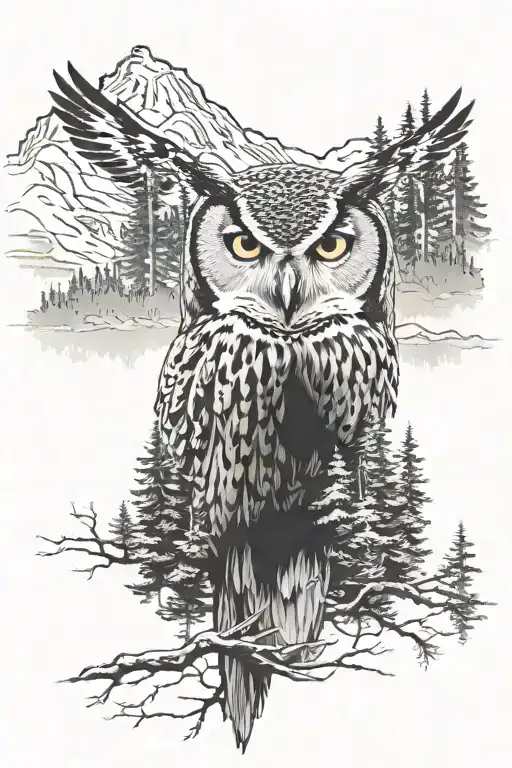 Tall Forest Wilderness With Mountain And River With Owl Face