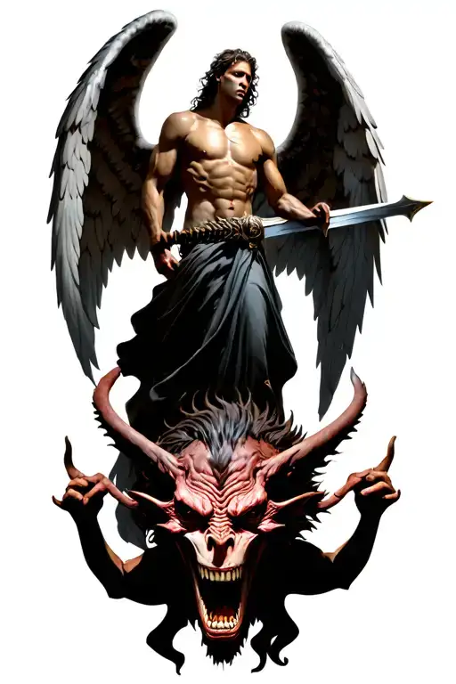 Angel Standing Ontop Of Demon With Sword To Demons Neck