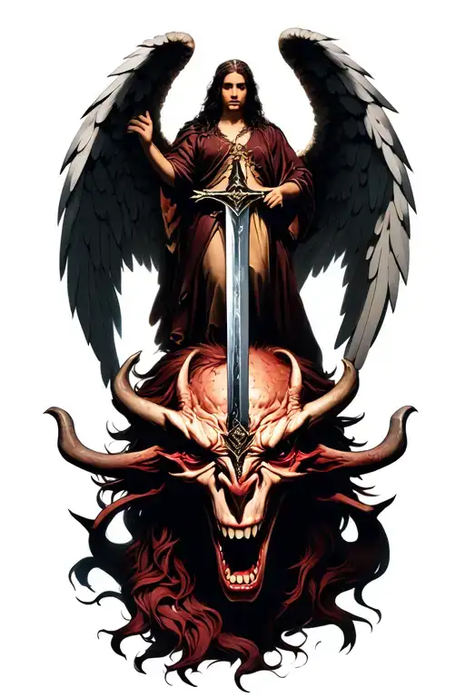 Angel Standing Ontop Of Demon With Sword To Demons Neck