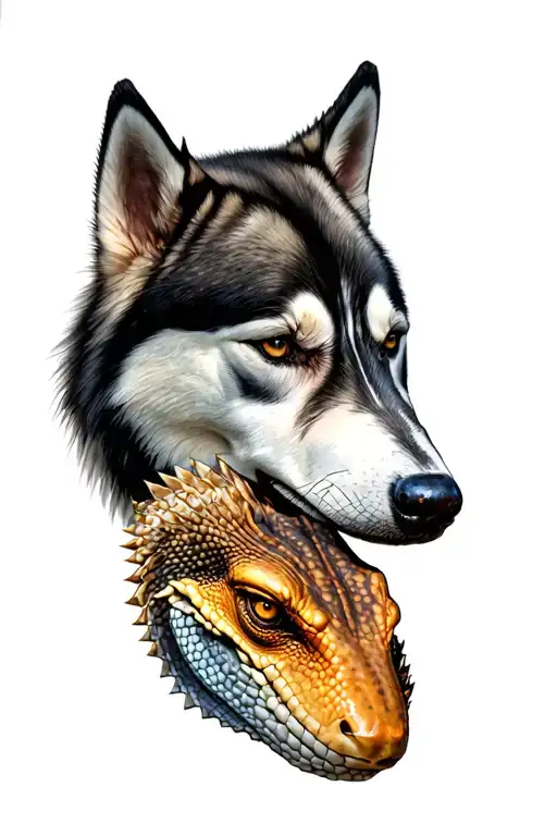 Two Siberian Husky Heads Facing Each Other With A Bearded Dragon Head In Between Them