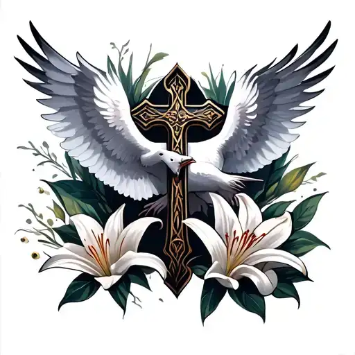 Cross Surrounded By Dove Warrior And Lily