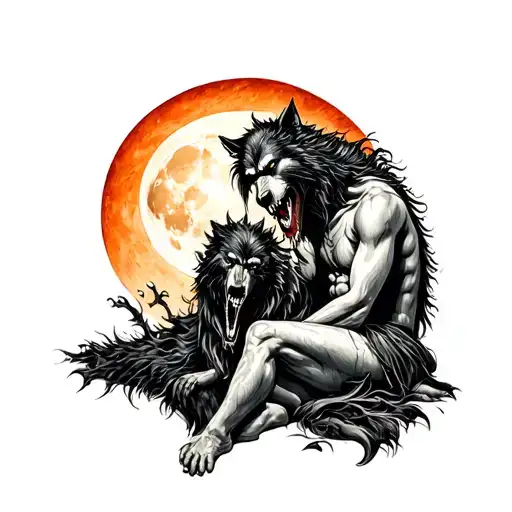 Tribal Tattoo Of A Vampire Sitting Under The Moon Next To A Werewolf Under The Sun