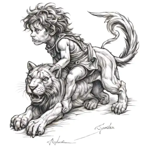 Little Spartan Boy With A Mythical Lion Creature As A Pet