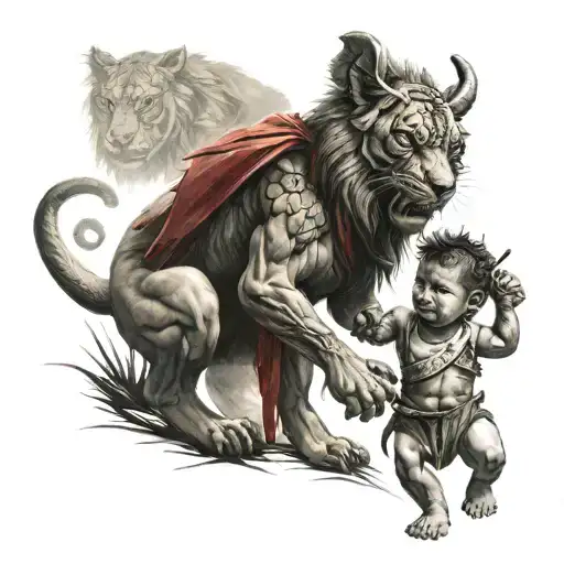 Little Spartan Boy With A Lion Creature As A Pet With Blood And In Battle