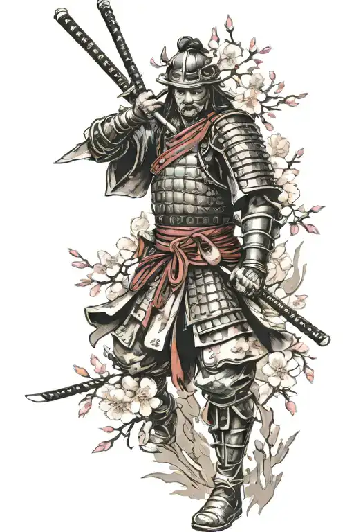 Samurai Warrior With Cherry Blossoms Around