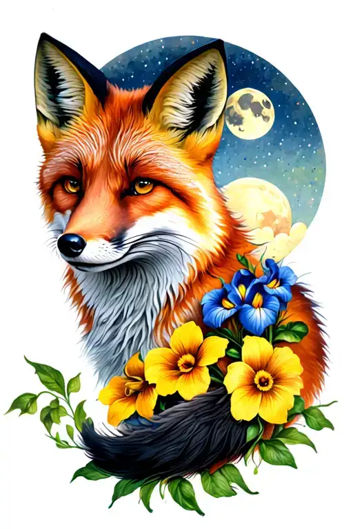 Fox With Iris Flowers And Moon In The Sky