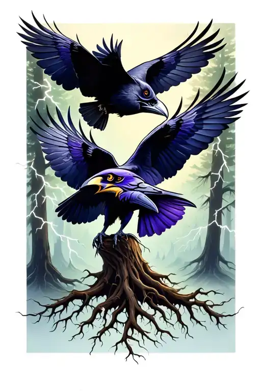 Ravens Flying With Forest And Lightning Background With Roots Flowing From The Bottom
