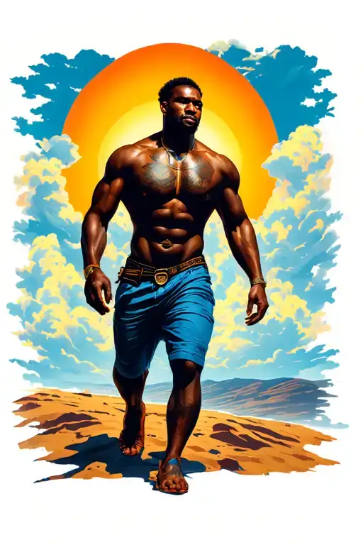 Strong Black Man Walkin Toward The Sun Rising With Clouds
