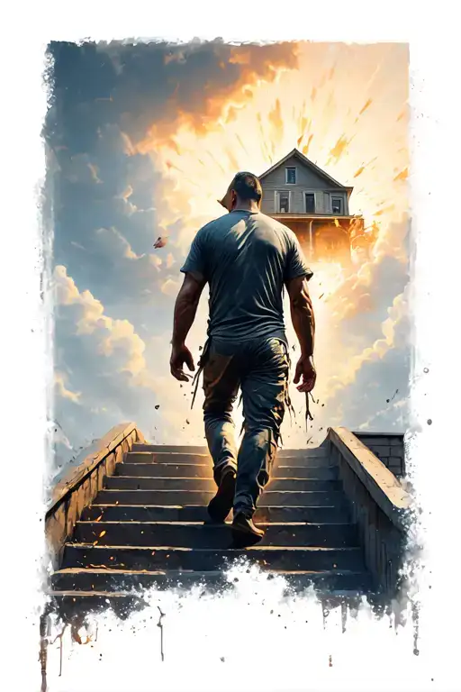 Man Walkin Up Stairs War Wounds Toward Light And A House With Clouds