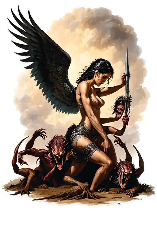 Battle Angel With Defeated Demons On The Ground Paying Respect