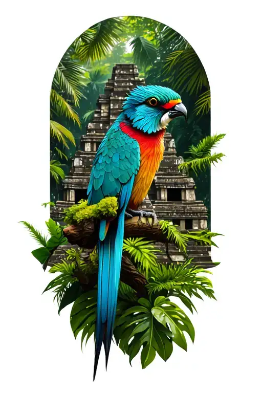 Quetzal Perched On A Branch Infront Of Mayan Temples With Jungle And Overgrown Plants