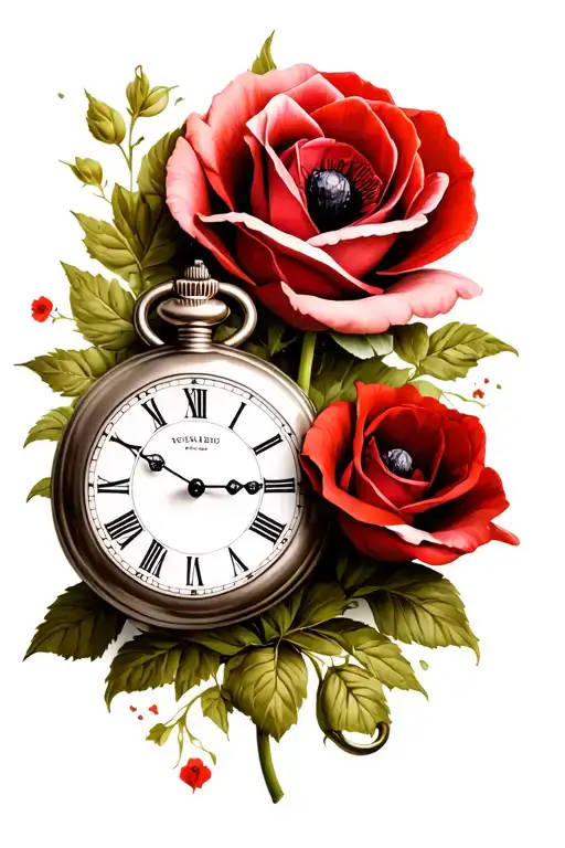 Gentleman's Pocket Watch Surrounded By A Rose And A Poppy