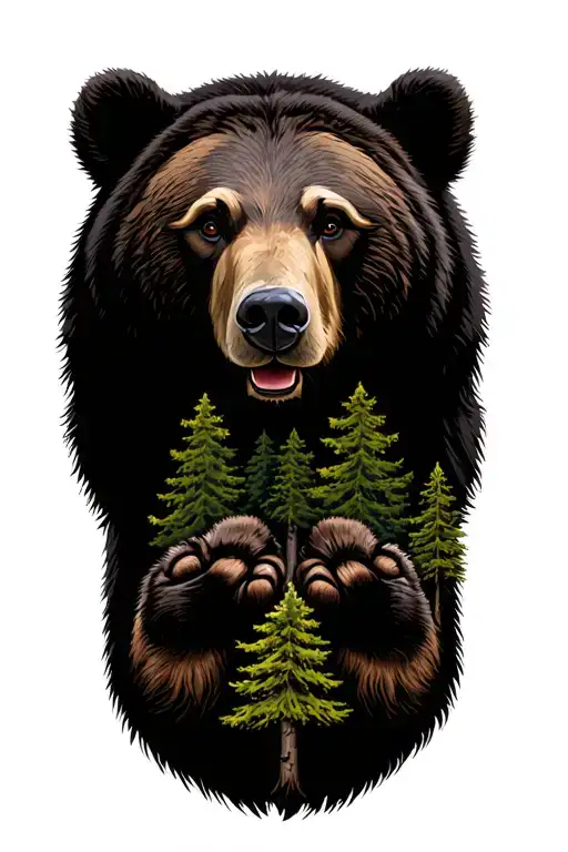 Bear Head With Paw And Forrested Tree Line