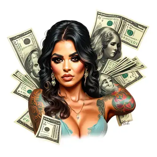 A Gangster Style Full Arm Tattoo With Money And Female Figures