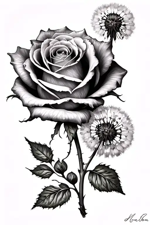 Rose And Dandelions With A Signature