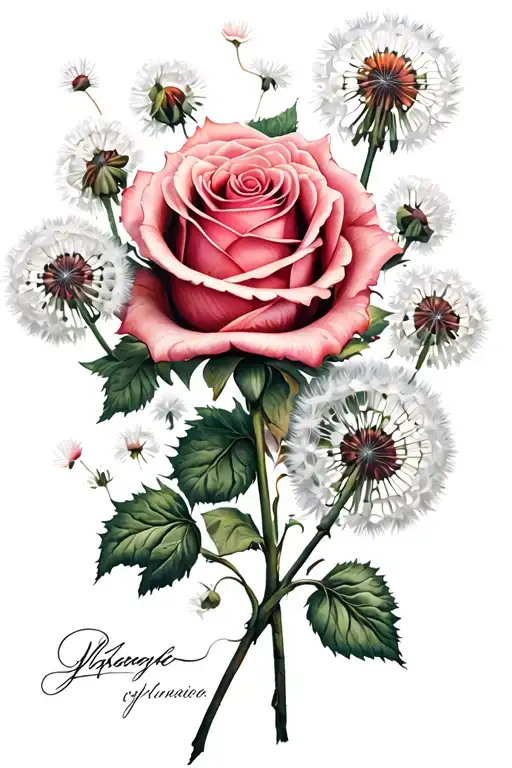 Rose And Dandelions With A Signature Incorporated And It Being Like A Bouquet
