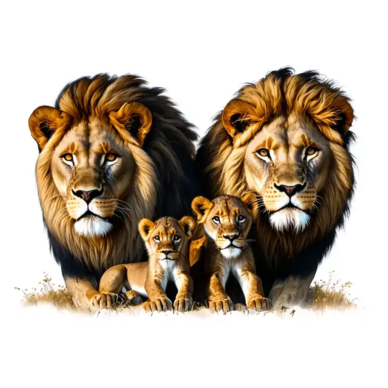 Male And Female Lions And 2 Cubs Surrounded