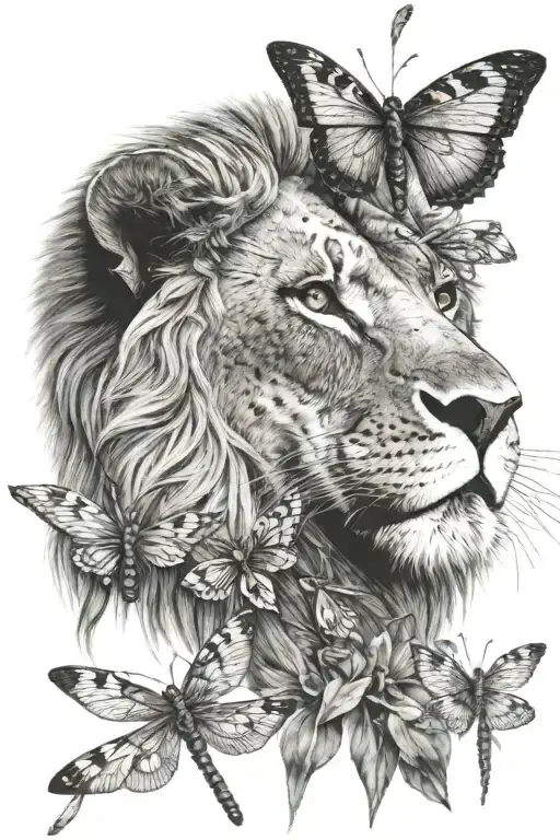 A Lion And 1 Dragonfly On His Nose