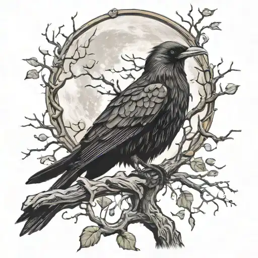 Viking Raven Perched Tree Branches Moon Surrounded