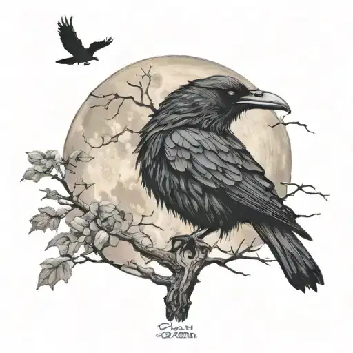 Viking Raven Perched Tree Branches Moon