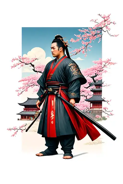 Traditional Japanese Samura Full Body Side View With Japanese Temple With Pink Blossom Trees